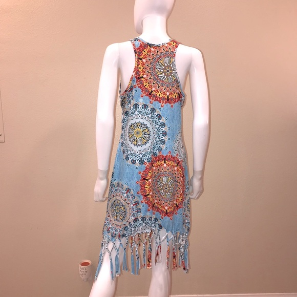 Summer Sleeveless Dress Size M Beach Dress Boho Print Tie Fringe Hemline - Picture 4 of 14